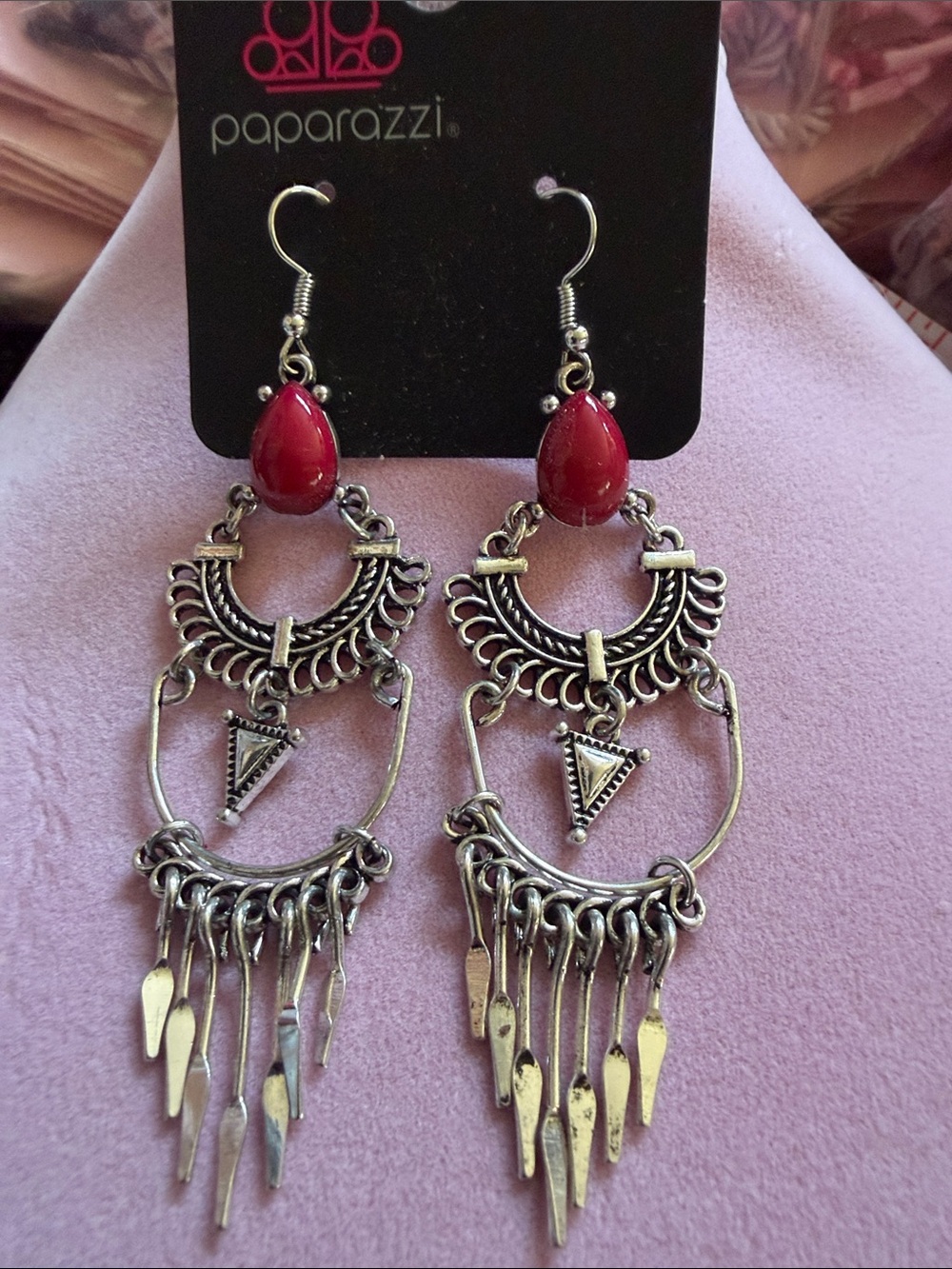 paparazzi Red Teardrop Boho Chandelier Earrings, 3” drop, (J0203)